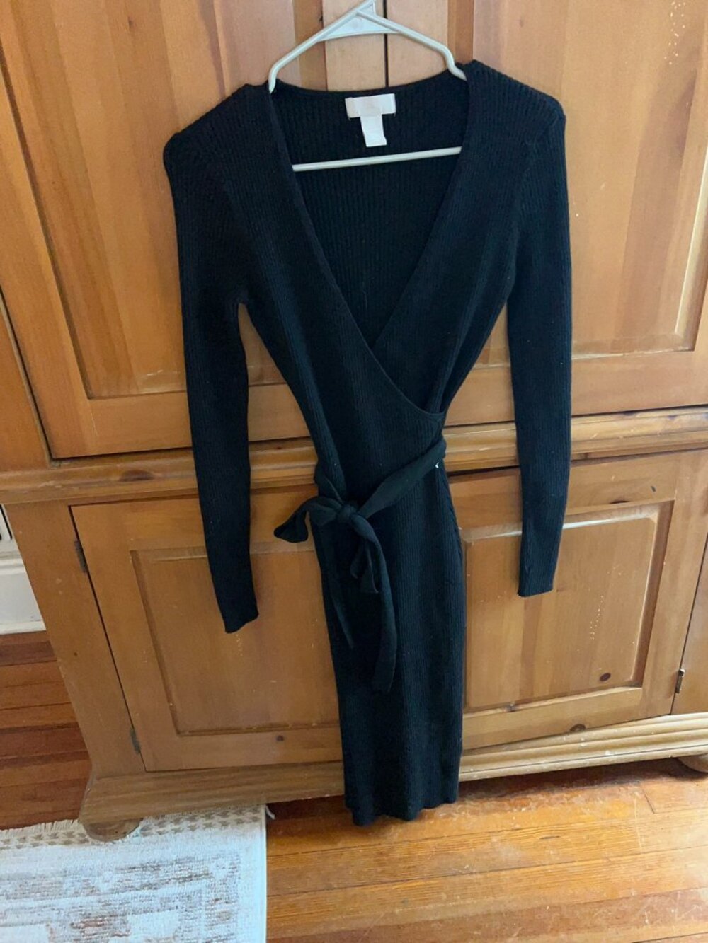 H&M Black Ribbed Knit Wrap Tie Sweater Dress